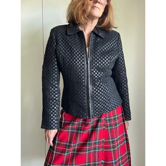 Vintage 90sY2K Woven Black Leather Jacket Size Medium Classic Heritage Style - Picture 5 of 7